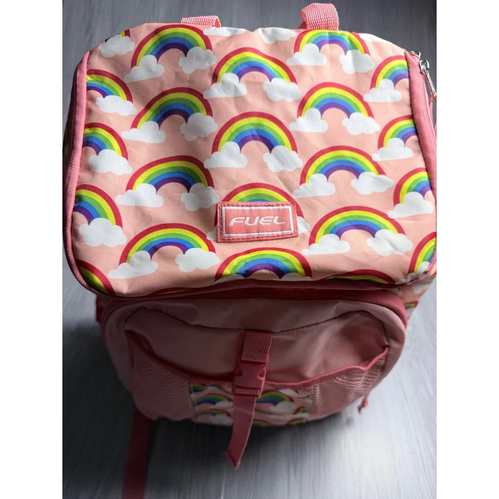 Fuel Rainbow Cloud Print Backpack Pink School Bag with Mesh Pockets and Buckle